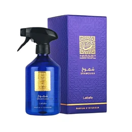 Lattafa Shamoukh Parfum D'Interieur 500ML spray, a room spray with a fresh, floral scent in a vibrant purple packaging.
