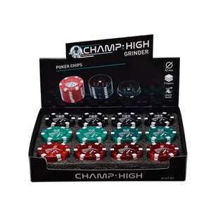 CHAMP HIGH – Tabak- und Aromakräutermühle – Gewürzmühle – 3-teilig und Haifischzähne – modernes Design – Durchmesser 42 mm – mit Schaber – Zink – Pokerchip