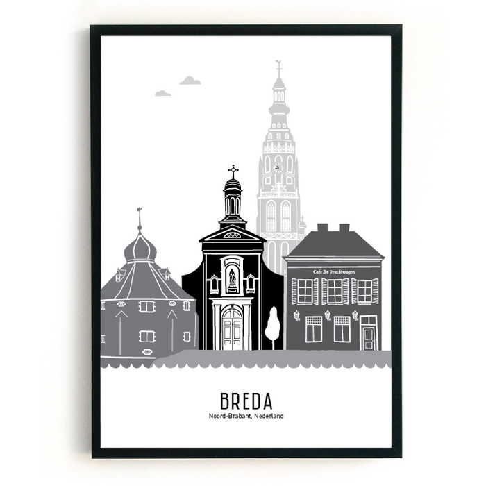 Poster skyline Breda zwart-wit-grijs