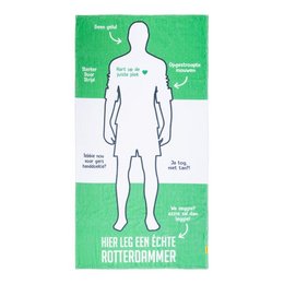 A large green beach towel with the text "HIER LEG EEN ECHTE ROTTERDAMMER" printed on it, indicating it is a towel for Rotterdammers or people from Rotterdam, Netherlands.