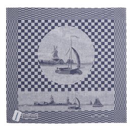 This tea towel features a scenic design with sailboats on a body of water, surrounded by a checkered border pattern. The design is in a monochrome blue and white color scheme, giving it a vintage or antique aesthetic.