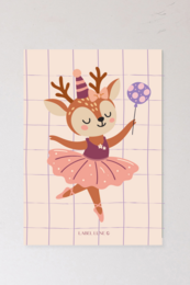 Colorful birthday card featuring a cheerful elephant character holding a skateboard and surrounded by flowers against a striped background.