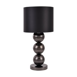 Anthracite-colored table lamp with a stacked spherical base and a black fabric shade.