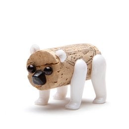 Plush bear-shaped wine bottle stopper in beige and white colors, with black eyes and nose. Suitable as a gift for wine lovers.