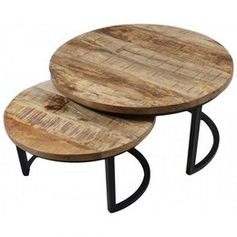 Two round wooden coffee tables with black metal frames. The tables have a rustic, natural wood finish with visible wood grain patterns. The tables are different sizes, with the larger one being the main table and the smaller one being a side or nesting table.