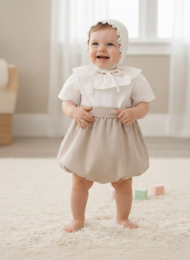 Soft, comfortable baby romper with a ruffled white collar and a beige skirt. Ideal for everyday wear or special occasions.
