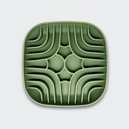  Olive green slow feeder dog bowl with textured surface and raised ridges to encourage natural foraging and slow eating. Made of durable, BPA-free plastic.