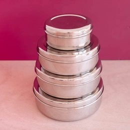 Stackable stainless steel storage containers with airtight lids, perfect for packing lunches or storing food. Available in various sizes.