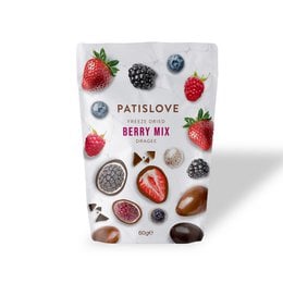 Freeze-dried berry mix coated in dark chocolate. Includes a variety of berries like strawberries, blueberries, and raspberries.