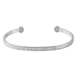 A silver or gold cuff bracelet with a floral charm and the text "She believed she could so she did" engraved on it. The bracelet is a simple, elegant design suitable for everyday wear.