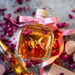 Perfumed body oil with rose and vanilla scents, packaged in a glass bottle with a pink ribbon.