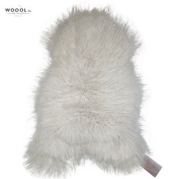A large, fluffy, white sheepskin rug with a curly texture. The rug is available in sizes S, M, L, and XL, and the color options are white and silver.