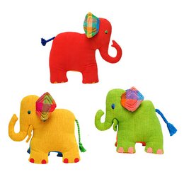 Soft, colorful plush elephant toys in red, yellow, and green. The elephants feature textured fabrics, trunks, and decorative accents.