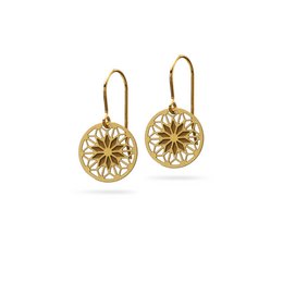 Elegant bronze and gold-toned earrings with a mandala-inspired design, perfect for making a statement.