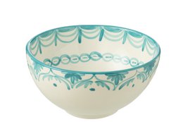  Large decorative ceramic bowl with aqua and white floral pattern.