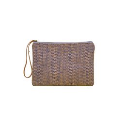 A herringbone-patterned blue clutch with a woven texture and leather trim.