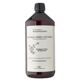 Natural fabric softener with eucalyptus dives and geranium scents, 1000ml bottle. Softens and conditions fabrics.