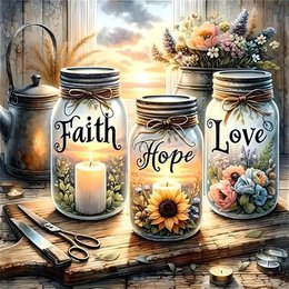  Diamond painting canvas with mason jars, flowers, sunflowers, inspirational text "Faith Hope Love", rustic wooden background, colorful floral design.