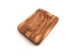 Rectangular olive wood soap dish with rounded edges, suitable for bathroom or kitchen use.