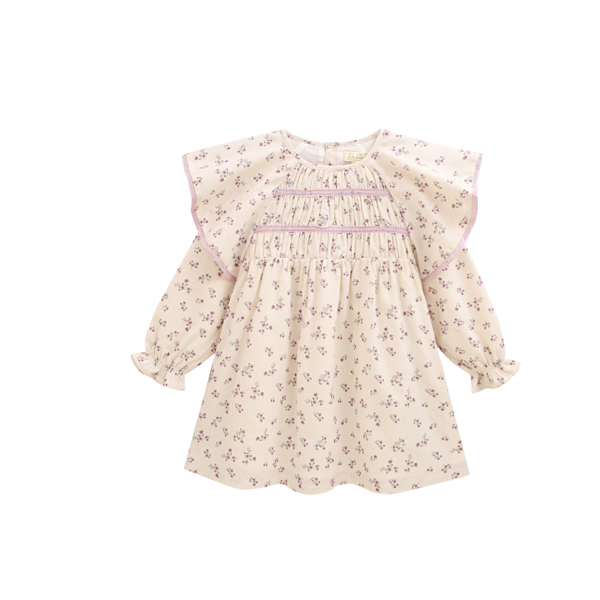 Beige girl's dress with ruffles and pink lace P77-11604131