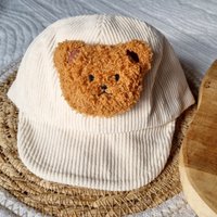 Beige Corduroy Cap With Teddy Bear
