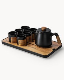  Traditional Japanese tea set, 6-piece, 620 ml, black and white ceramic teapot and cups on a wooden tray.