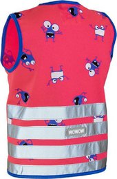 A bright red children's safety vest with a fun, cartoon-like pattern featuring various vehicles and characters. The vest has reflective strips for increased visibility and safety.