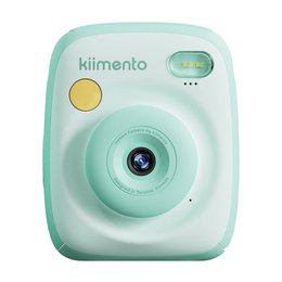  Mint green instant print camera, compact design, yellow button, educational toy for kids, prints photos instantly.