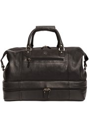 Large black leather duffle bag with multiple compartments and handles for weekend travel.