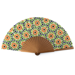  A vibrant, hand-held fan made of 100% silk with a natural wood frame. The fan features a repeating pattern of colorful sunflowers in shades of green, orange, and yellow.