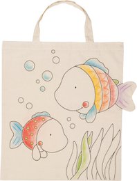 Colorful fish-themed tote bag made of cotton, featuring a playful underwater scene with two fish and bubbles.