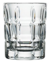  A clear, glass shot glass with a simple, geometric design featuring vertical ridges or lines. The glass has a short, sturdy shape and a small punt or indentation at the bottom.