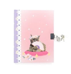 A pink and white diary with a cute kitten illustration on the cover. The diary appears to be designed for children, with a whimsical and playful aesthetic.