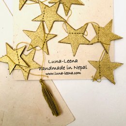 Set biglietti d'auguri Luna-Leena + ghirlanda stelle oro - verticale - L115 cm - oro - carta ecologica - fatto a mano in Nepal