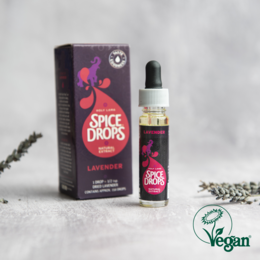 Lavender natural extract, vegan spice drops, essential oil in a glass bottle with a dropper.