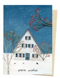 A winter scene with a snowy house, a tree with red berries, and the text "warm wishes" against a starry night sky.