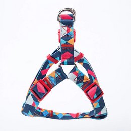 Multicolored dog harness with geometric patterns. Made of durable materials for pet comfort and safety. Available in XSmall, Small, Medium, and Large sizes.