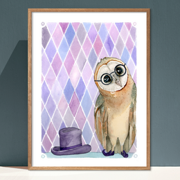 Whimsical owl illustration with large eyes and a top hat, set against a geometric purple and white background. Suitable for a kids room poster or wall art.