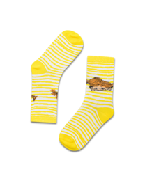 Yellow and white striped socks with a Pippi Longstocking design.
