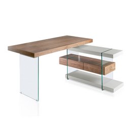 Walnut wood desk with tempered glass and drawers, modern and minimalist design.