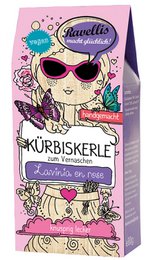 Pumpkin seeds with lavender and caramel flavors, packaged in a 6-pack carton or 1kg open container. The product features a cartoon character wearing sunglasses and surrounded by floral and butterfly designs.