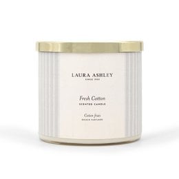 A tall, round white candle with a gold lid and label that reads "Laura Ashley Fresh Cotton - 400g". The candle is surrounded by fresh green leaves, creating a natural and calming atmosphere.
This scented candle from the Laura Ashley brand is a tall, round design with a white wax body and a gold metal lid. The label on the candle features the "Laura Ashley" branding and the scent name "Fresh Cotton". At 400g, this is a sizable candle that would provide a long-lasting fragrance. The natural greenery surrounding the candle adds to the fresh, clean aesthetic.