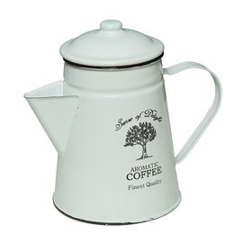 Enamel coffee pot with a vintage design, featuring a white color and a tree graphic. The pot has a classic shape and is suitable for decorative use in a kitchen or dining area.
