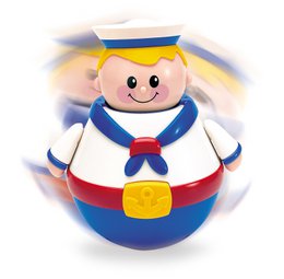 A colorful, round tumbler toy with a smiling sailor design and sound effects, suitable for young children's play and development.