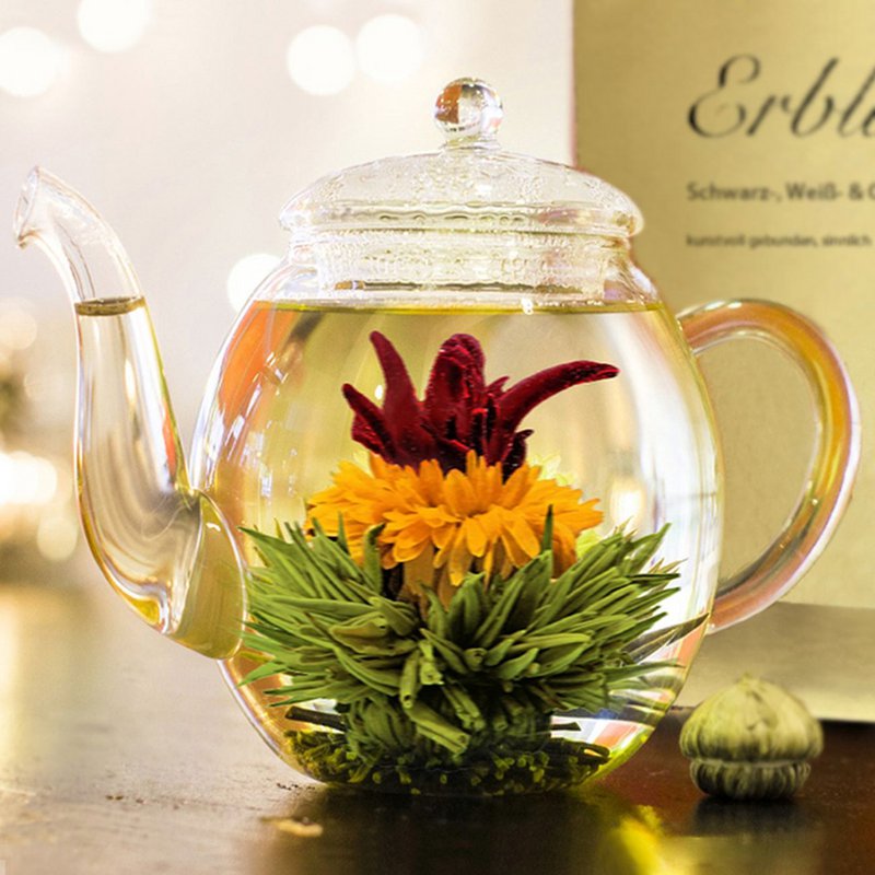 Set regalo Creano con mix di fiori di tè e teiera in vetro