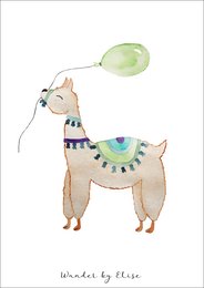 Colorful llama poster with decorative patterns and shapes. Features a whimsical llama illustration in earthy tones.