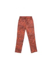 Kids pajama pants with a red leopard print pattern. Made of soft, comfortable material suitable for sleepwear.
