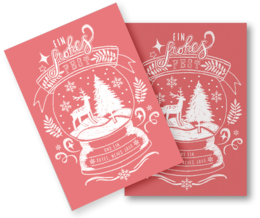 "Christmas card with festive lettering and snow globe design in red and white color scheme."