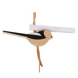 Wooden bird ornament with long tail, suitable for home decor or gift-giving.