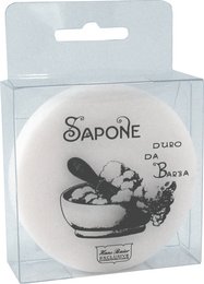 Shaving soap with bergamot scent, suitable for beard care. Round, white soap with black and white graphic design.